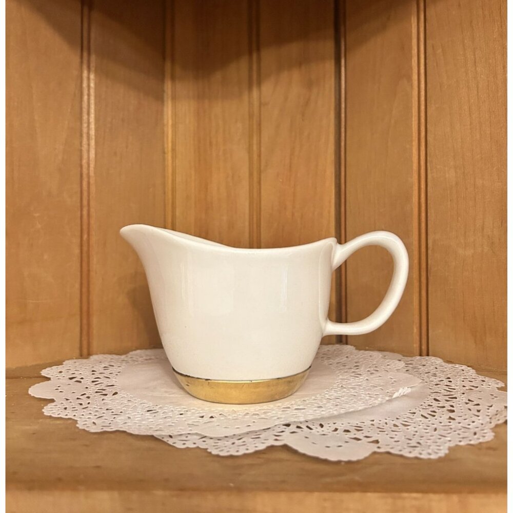 Vintage Mid Century White Ceramic Creamer Weighted Brass Bottom